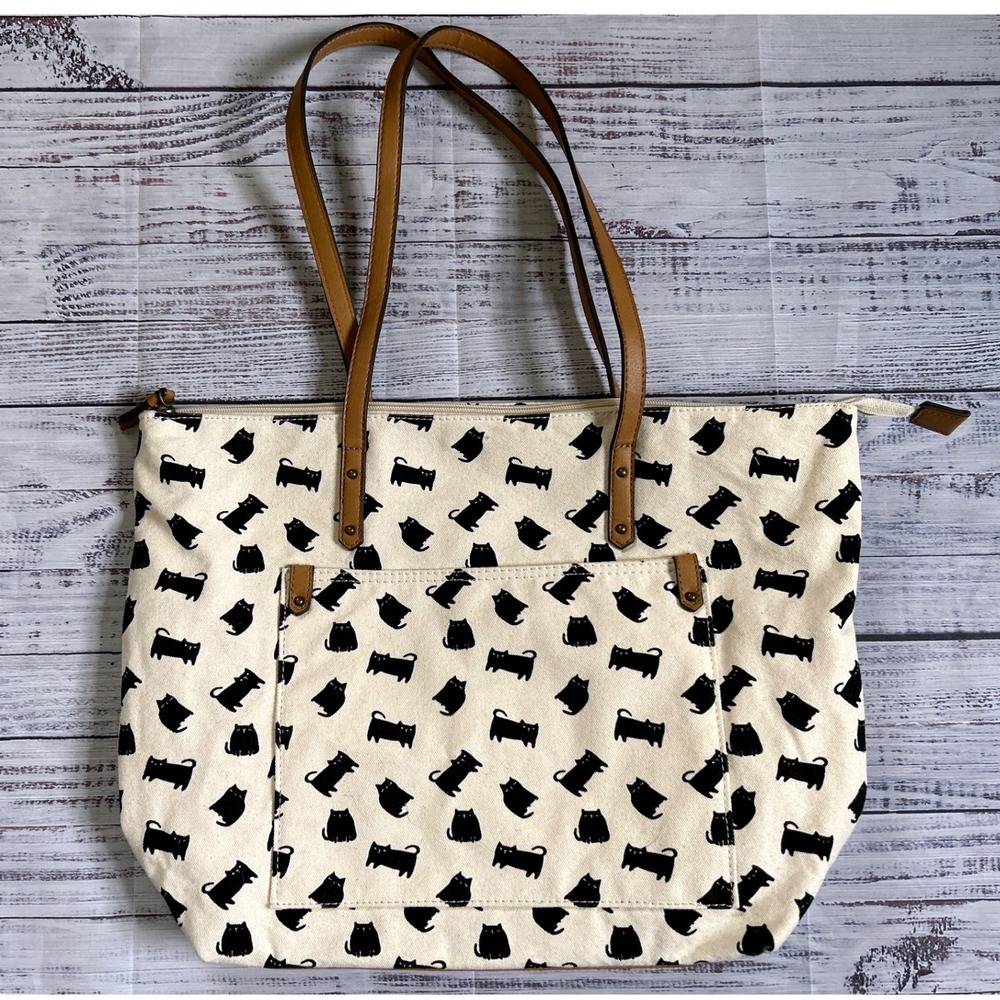 Sonoma Goods for Life Cat Print Canvas Tote Bag Cream Black Faux Leather Strap